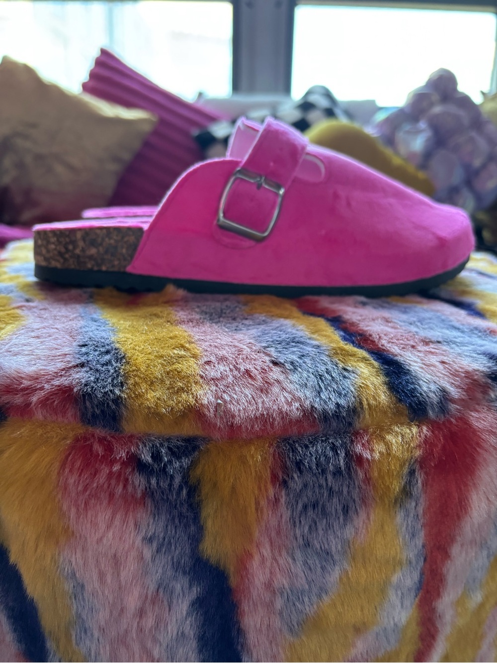 Bright Pink Suede Slip-On Mule with Buckle